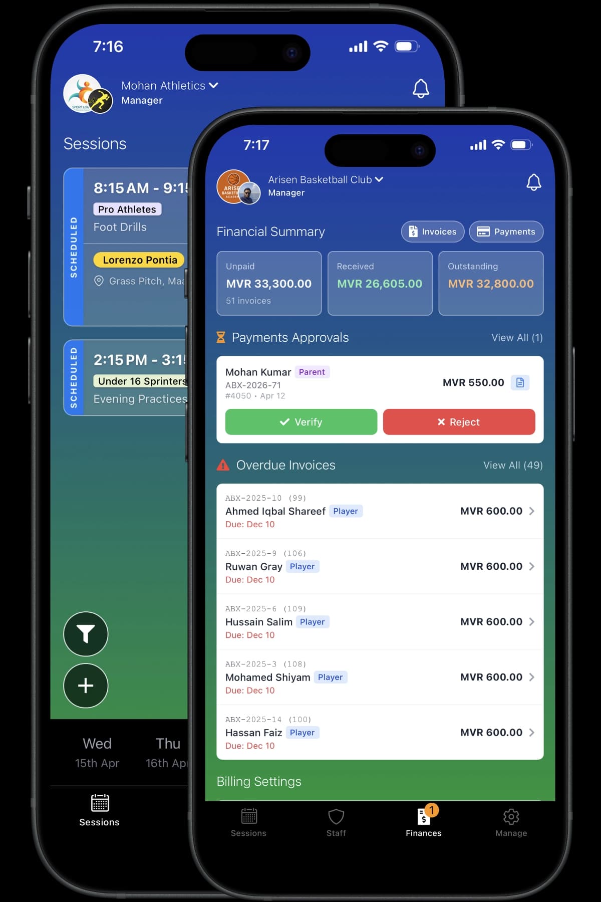 Academy Pro Mobile Apps — sessions and financial summary screens